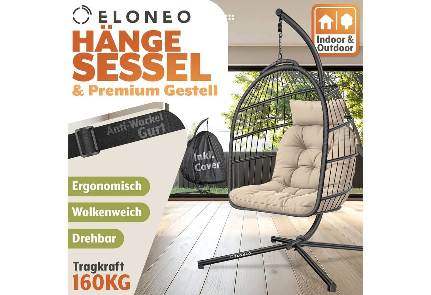 ELONEO Hängesessel mit Gestell, faltbar, wetterbeständig, grau/beige