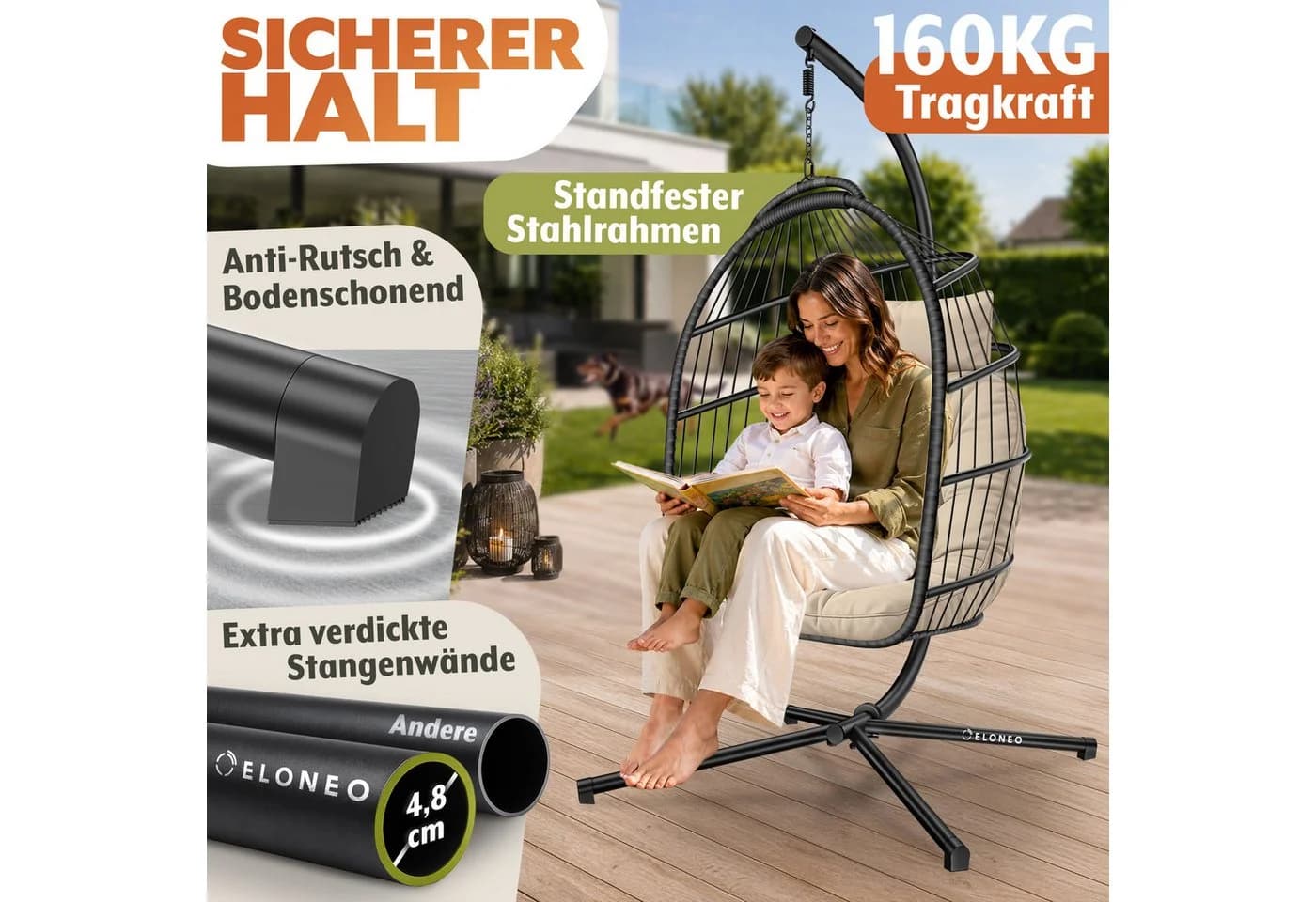ELONEO Hängesessel mit Gestell, faltbar, wetterbeständig, grau/beige - Bild 4