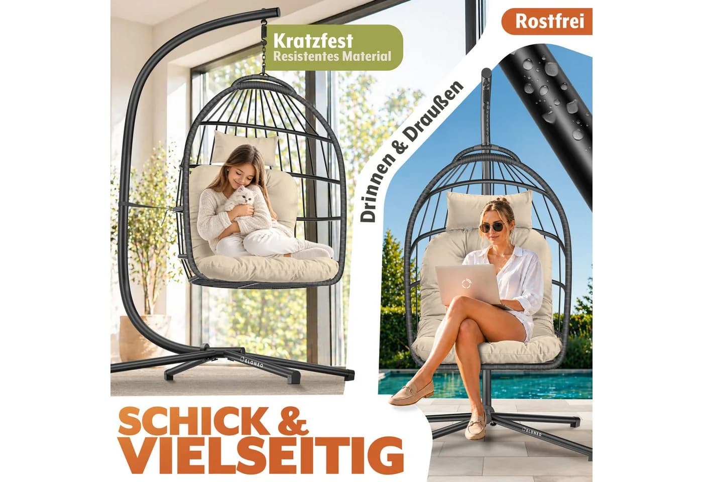 ELONEO Hängesessel mit Gestell, faltbar, wetterbeständig, grau/beige - Bild 5