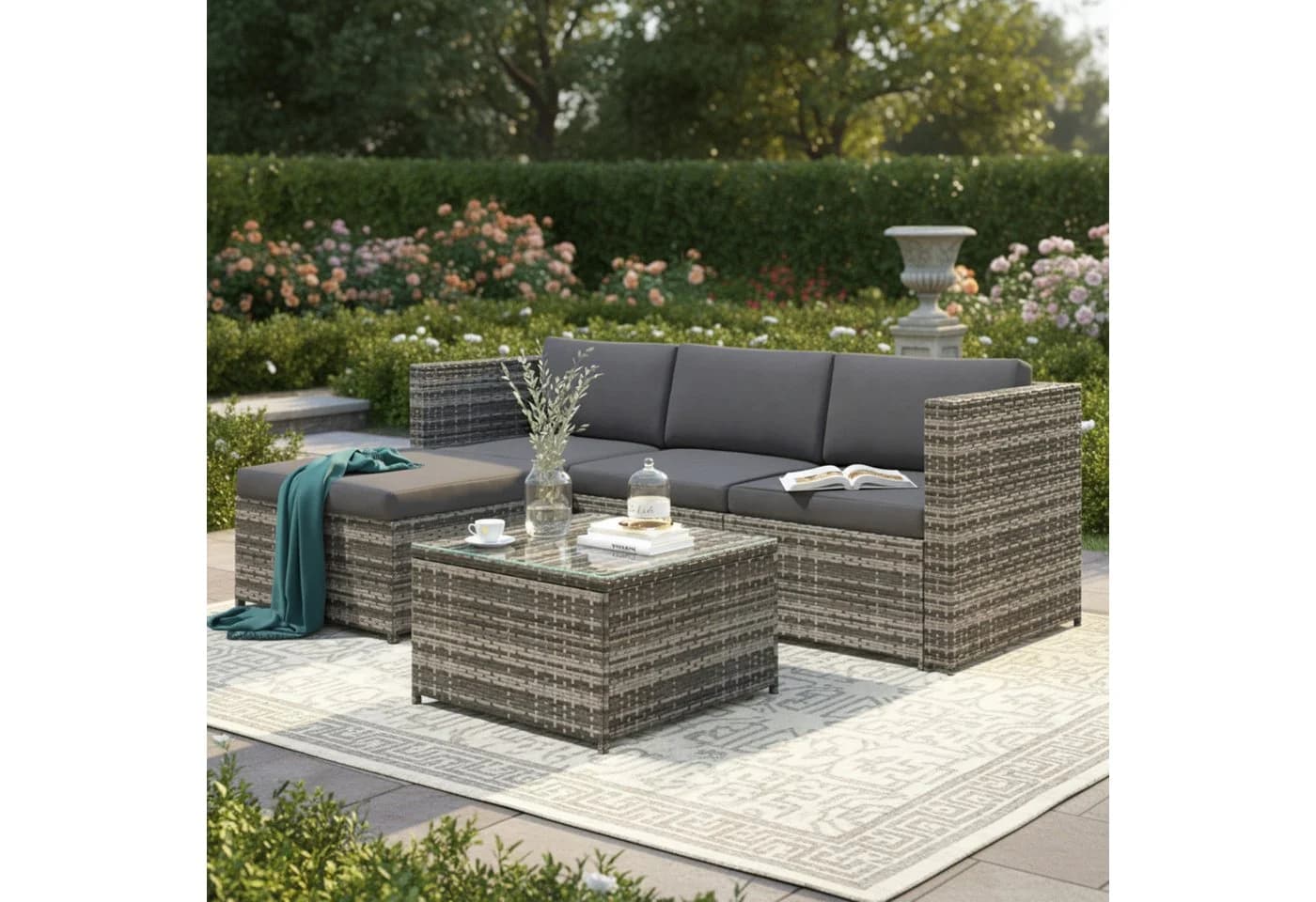 Flieks Gartenlounge-Set Grau Polyrattan Sofagarnitur mit Kissen - Bild 2