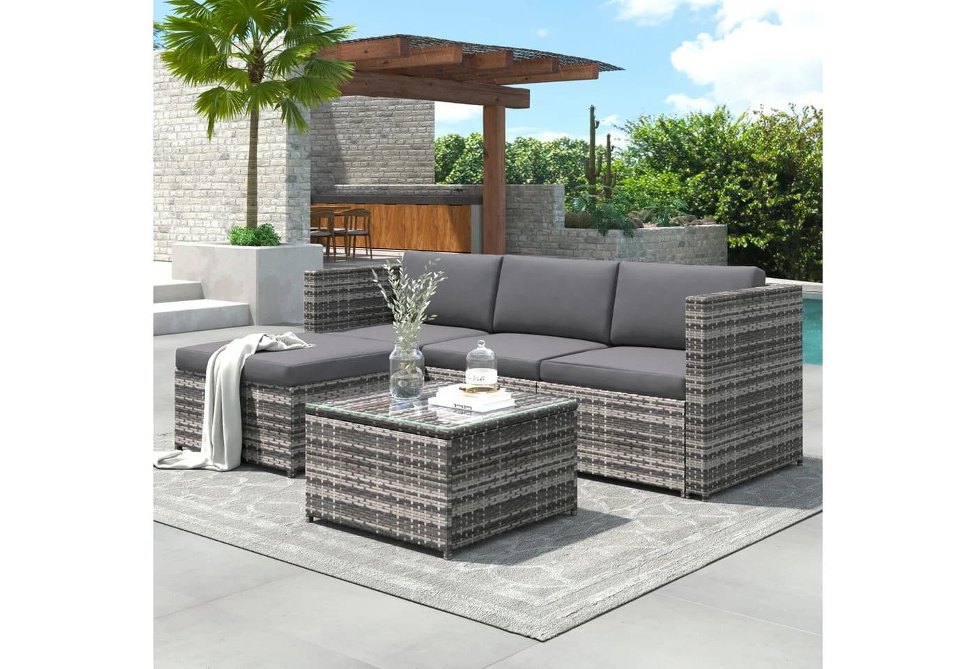 Merax Gartenlounge-Set 5-teilig Polyrattan mit Kissen und Glasplatte