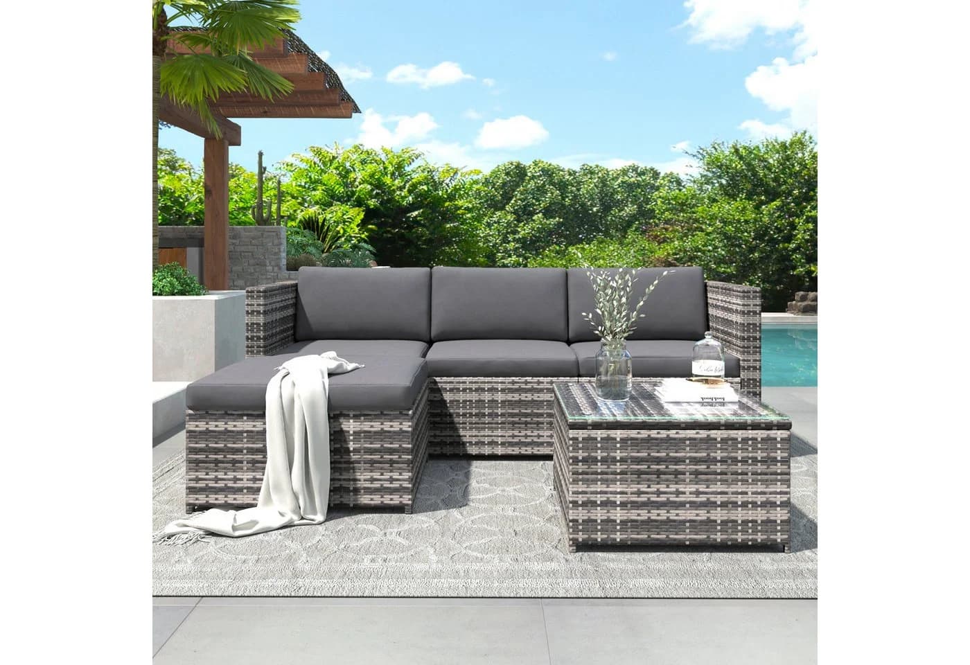 Merax Gartenlounge-Set 5-teilig Polyrattan mit Kissen und Glasplatte - Bild 2