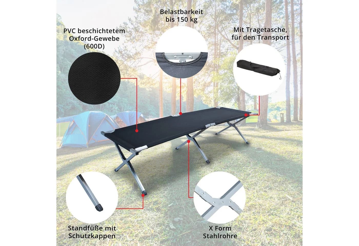 Grafner Feldbett Klappbar Campingbett Schwarz mit Tragetasche - Bild 3
