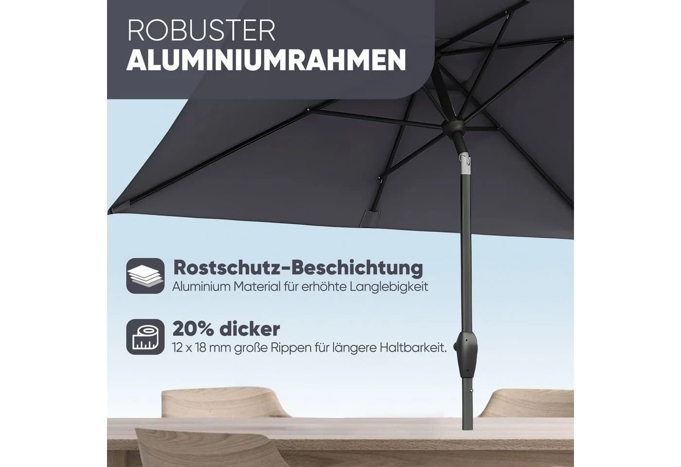 Sekey Aluminium Sonnenschirm Rechteckig Grau UV50+ mit Kurbel - Bild 3