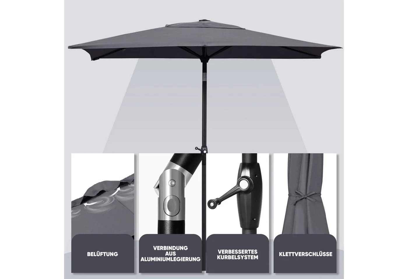 Sekey Aluminium Sonnenschirm Rechteckig Grau UV50+ mit Kurbel - Bild 5