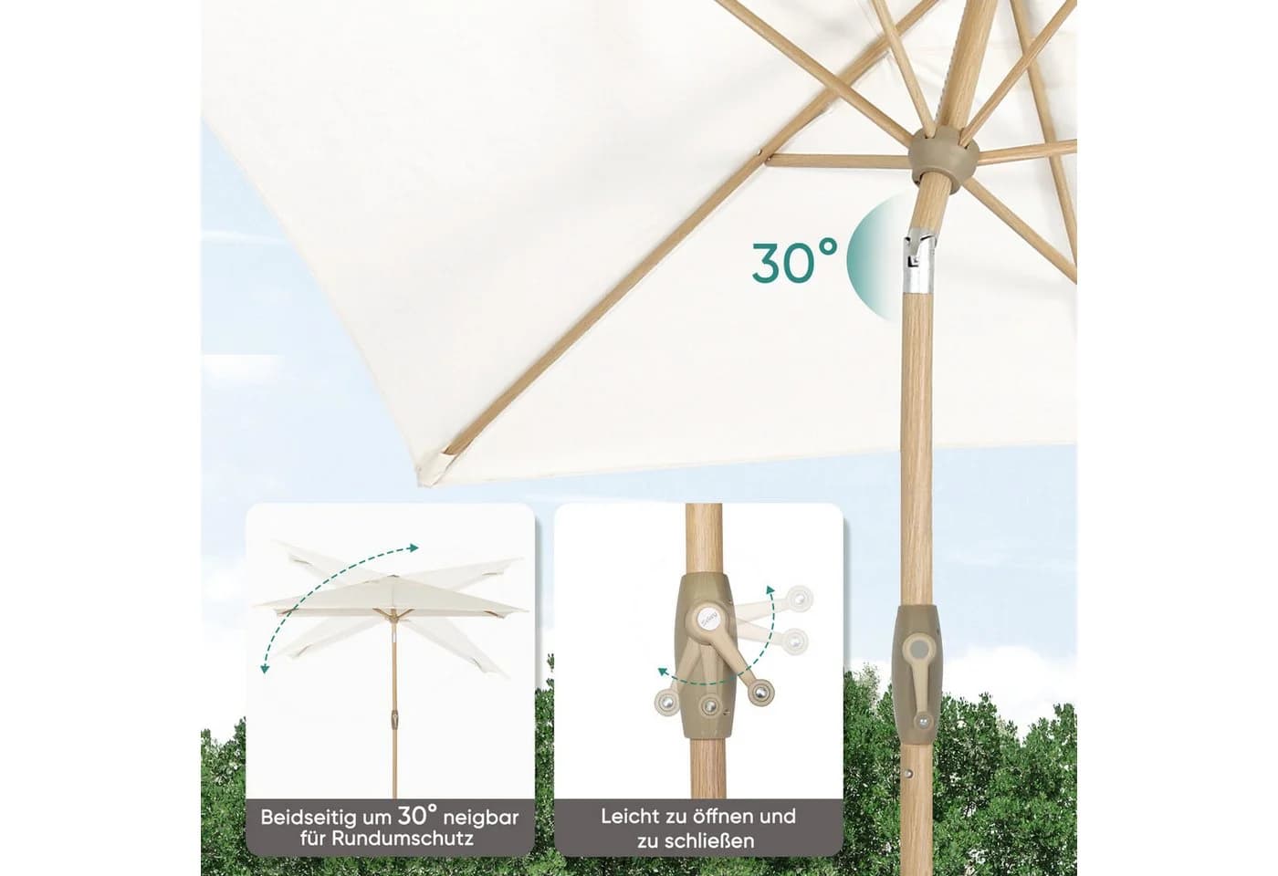Sekey Sonnenschirm 210x140cm Aluminium Holzoptik mit Kurbel UV50+ - Bild 5