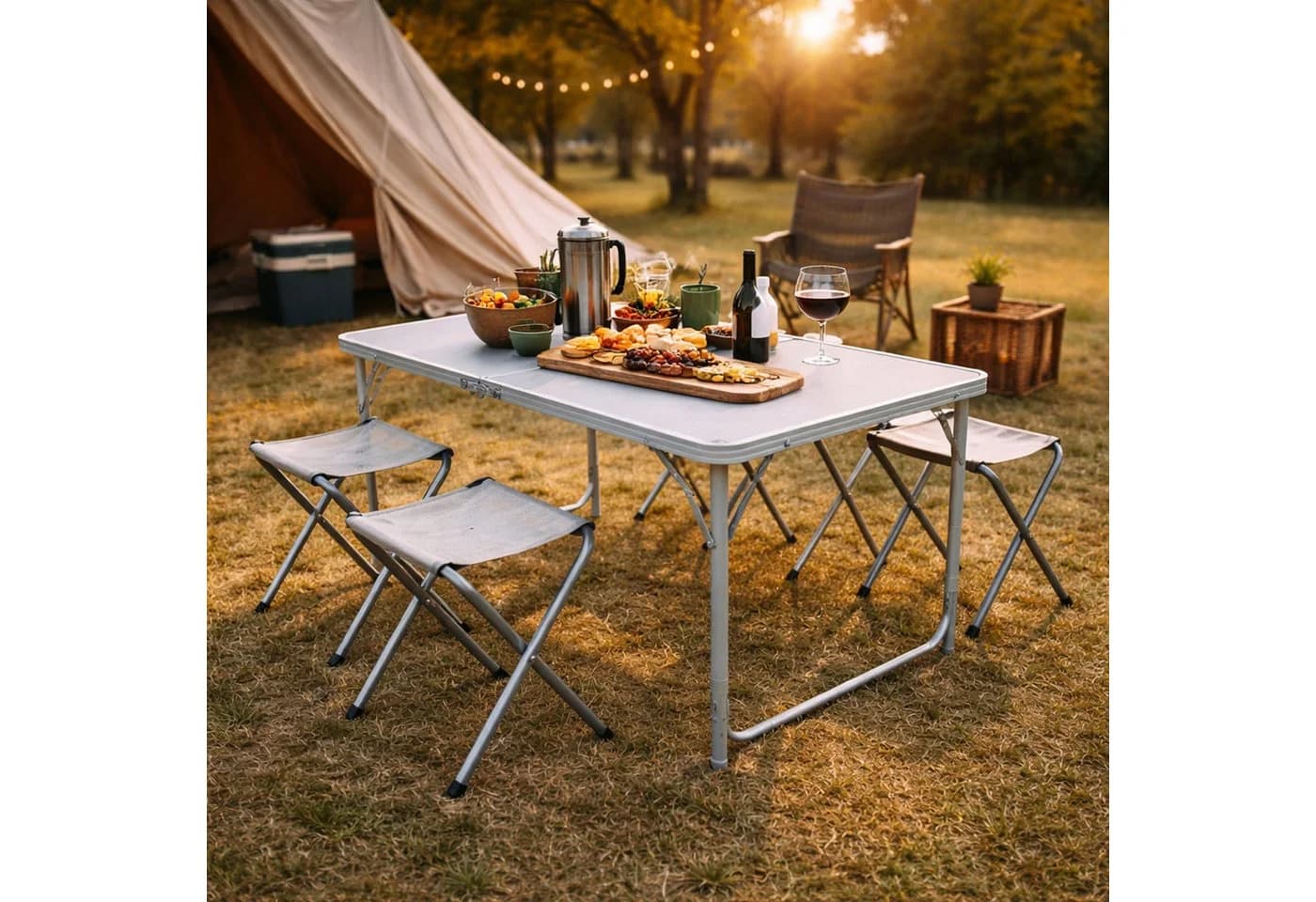 Mojawo Campingmöbel Set 5-tlg. Aluminium Klapptisch + 4 Klapphocker Grau