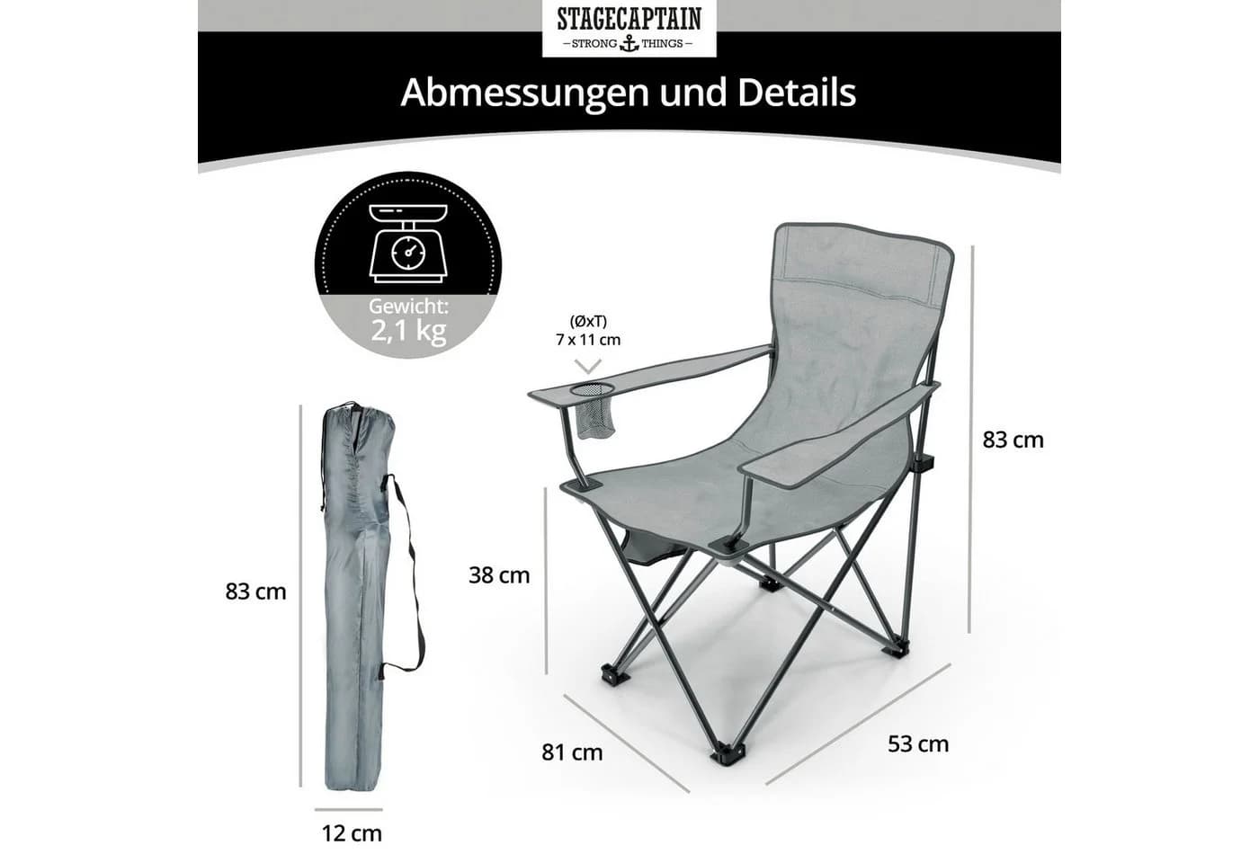 Stagecaptain Campingstuhl "Chiller" Grau mit Getränkehalter & Seitentasche