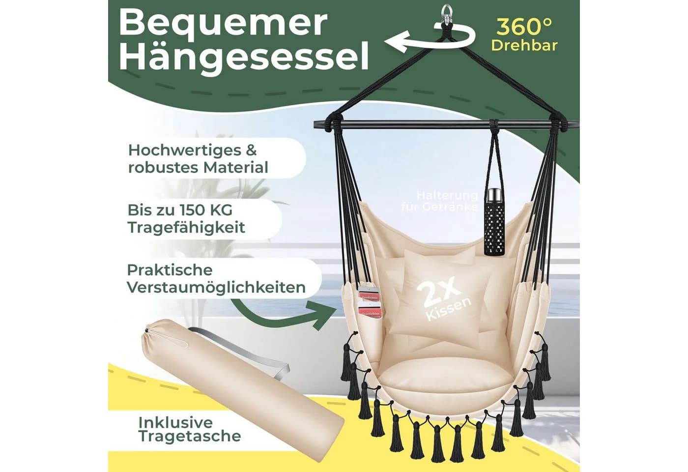 KESSER Hängesessel mit Kissen Getränkehalter & Bücherfach - Safari Hängestuhl - Bild 2