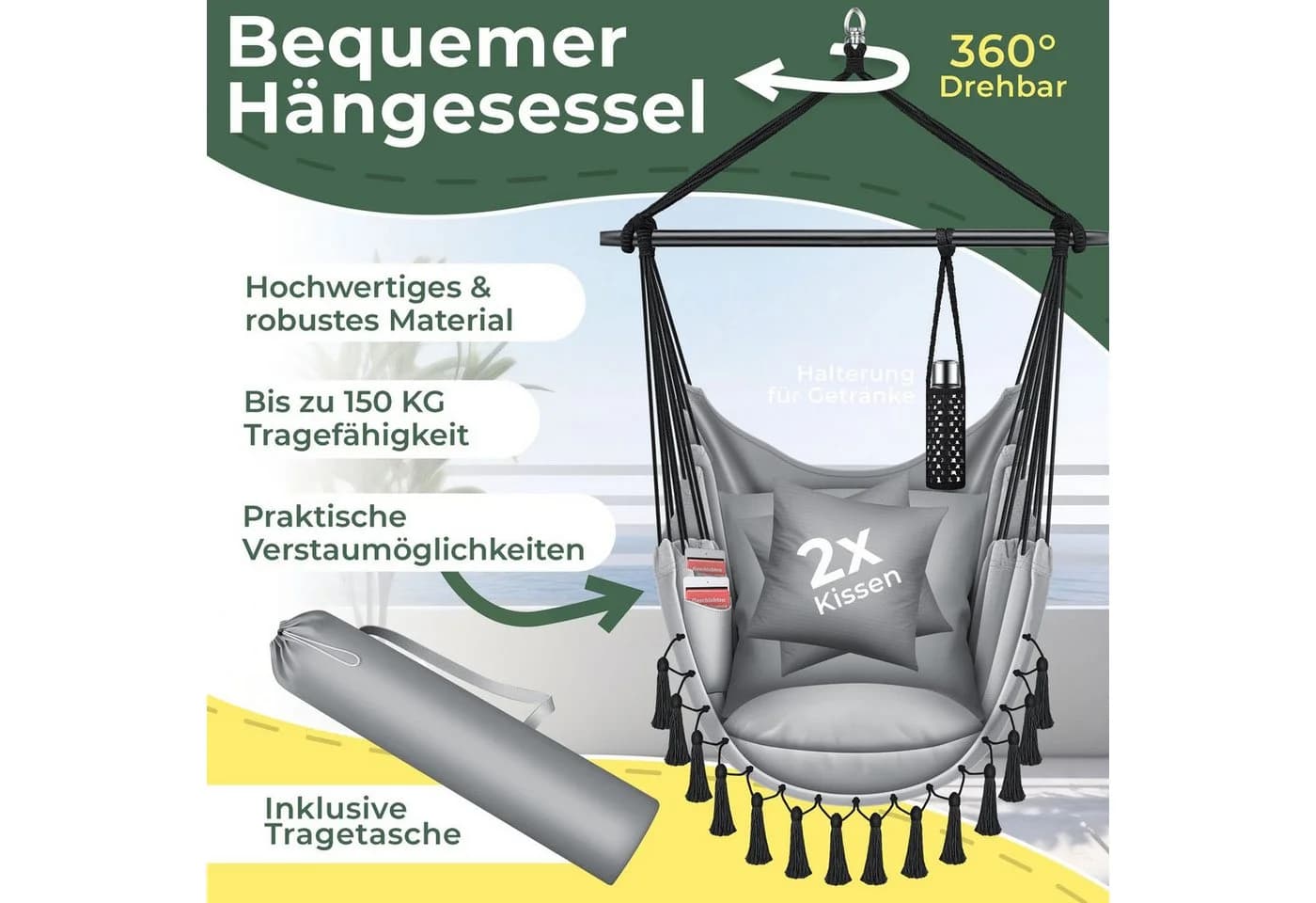 KESSER Hängesessel Grau mit Kissen, Getränkehalter & Bücherfach - Bild 2