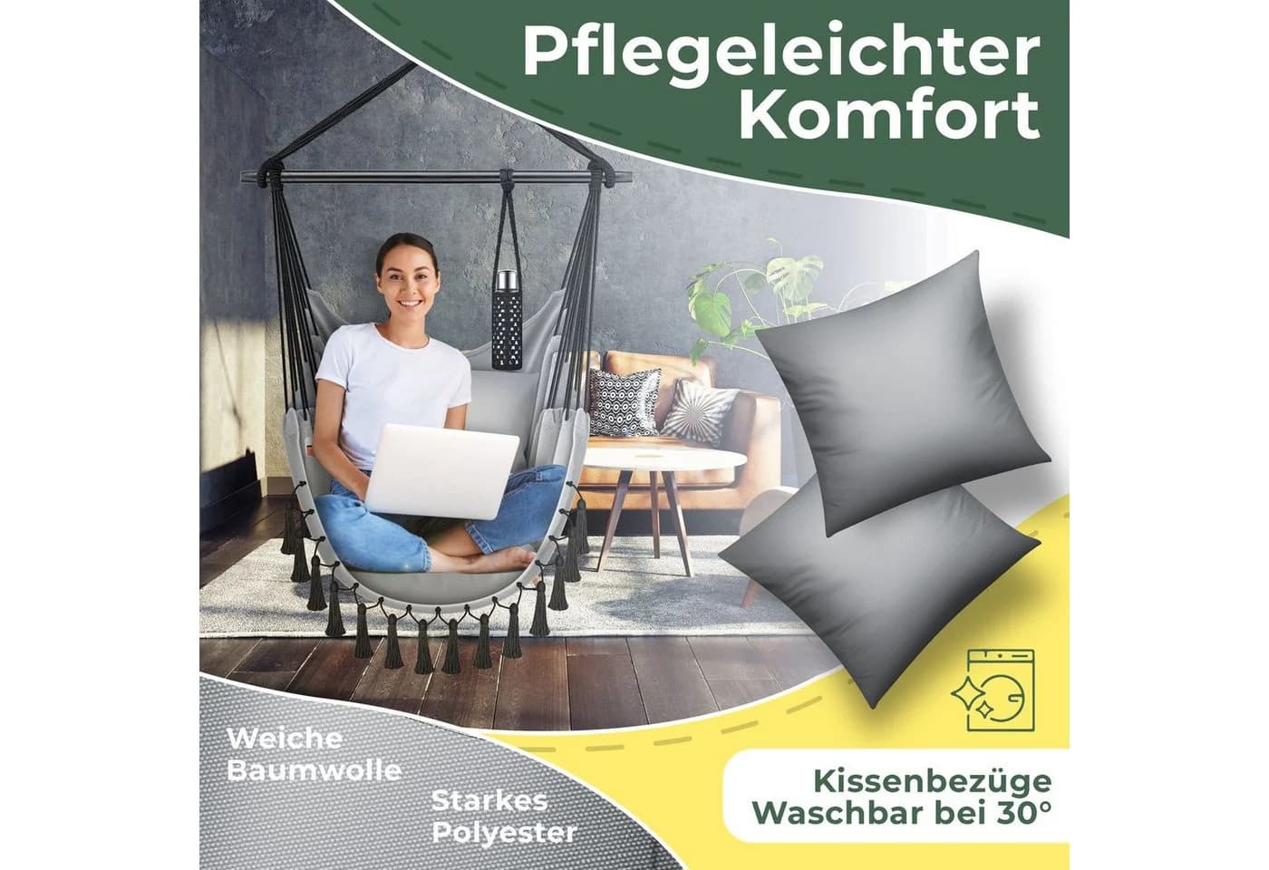 KESSER Hängesessel Grau mit Kissen, Getränkehalter & Bücherfach - Bild 5