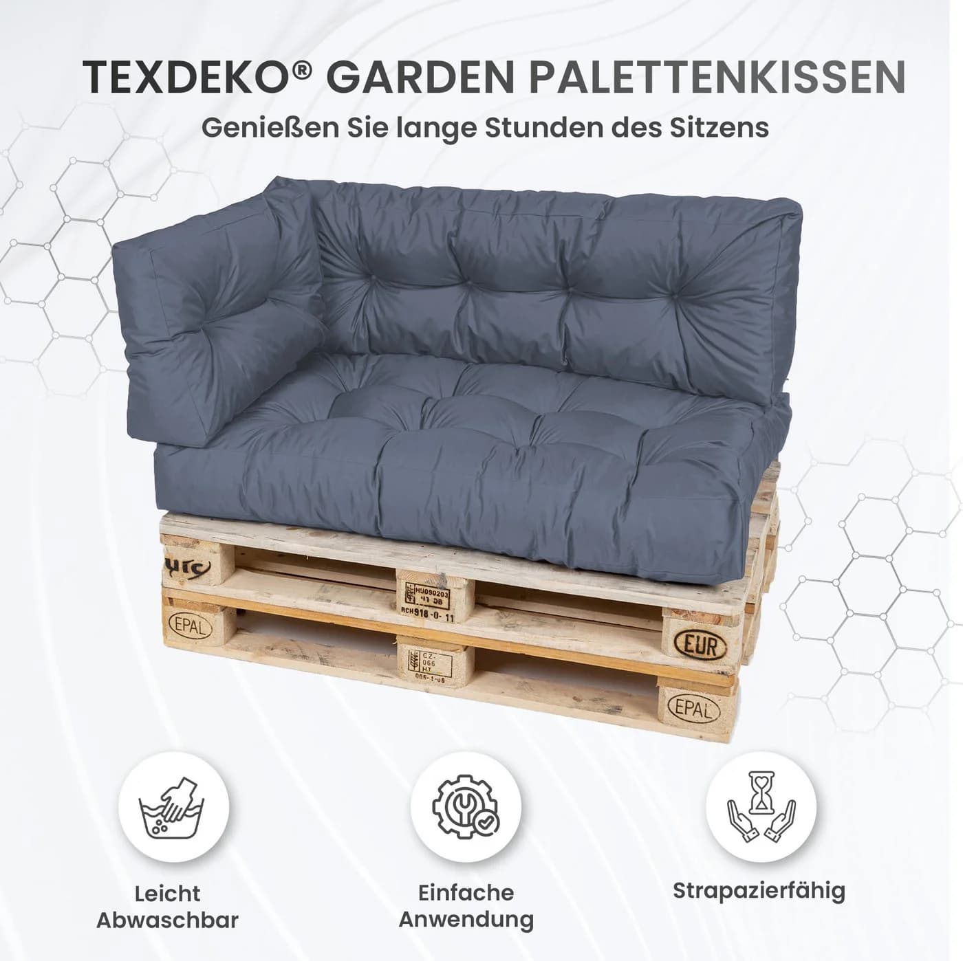 TexDeko Palettenkissen-Set 3-teilig Grau wasserabweisend