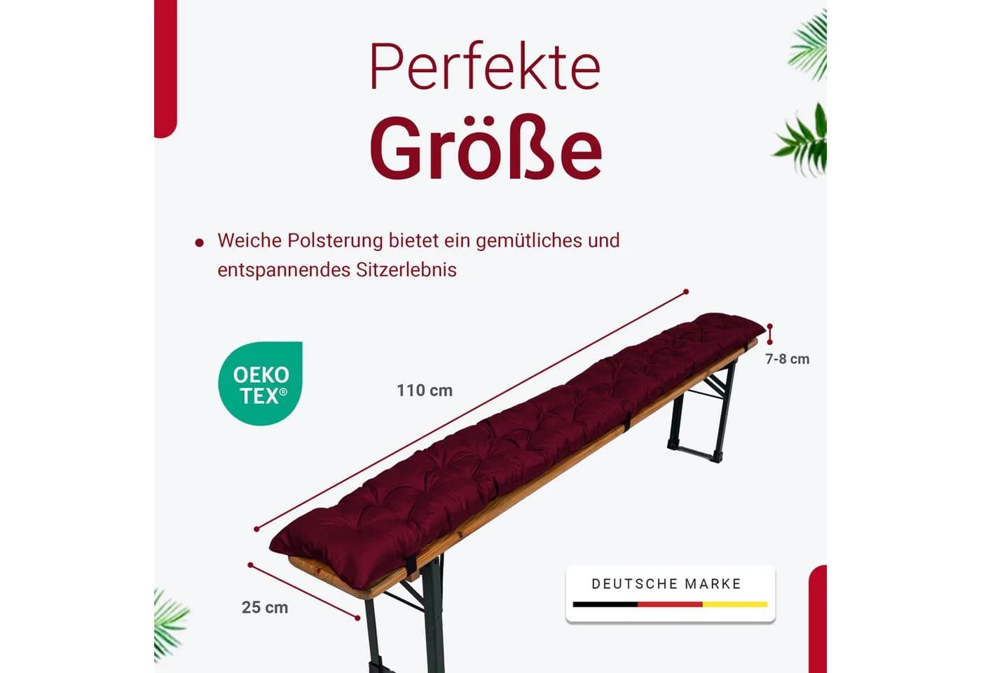 TexDeko Bierbankauflage 2er-Pack Bordeaux Gesteppt UV-beständig