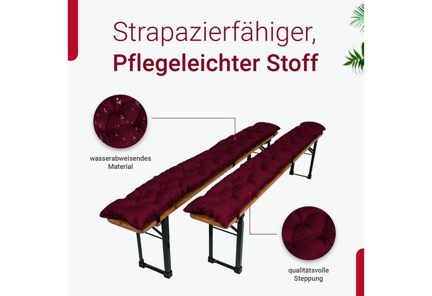 TexDeko Bierbankauflage 2er-Pack Bordeaux Gesteppt UV-beständig - Bild 3