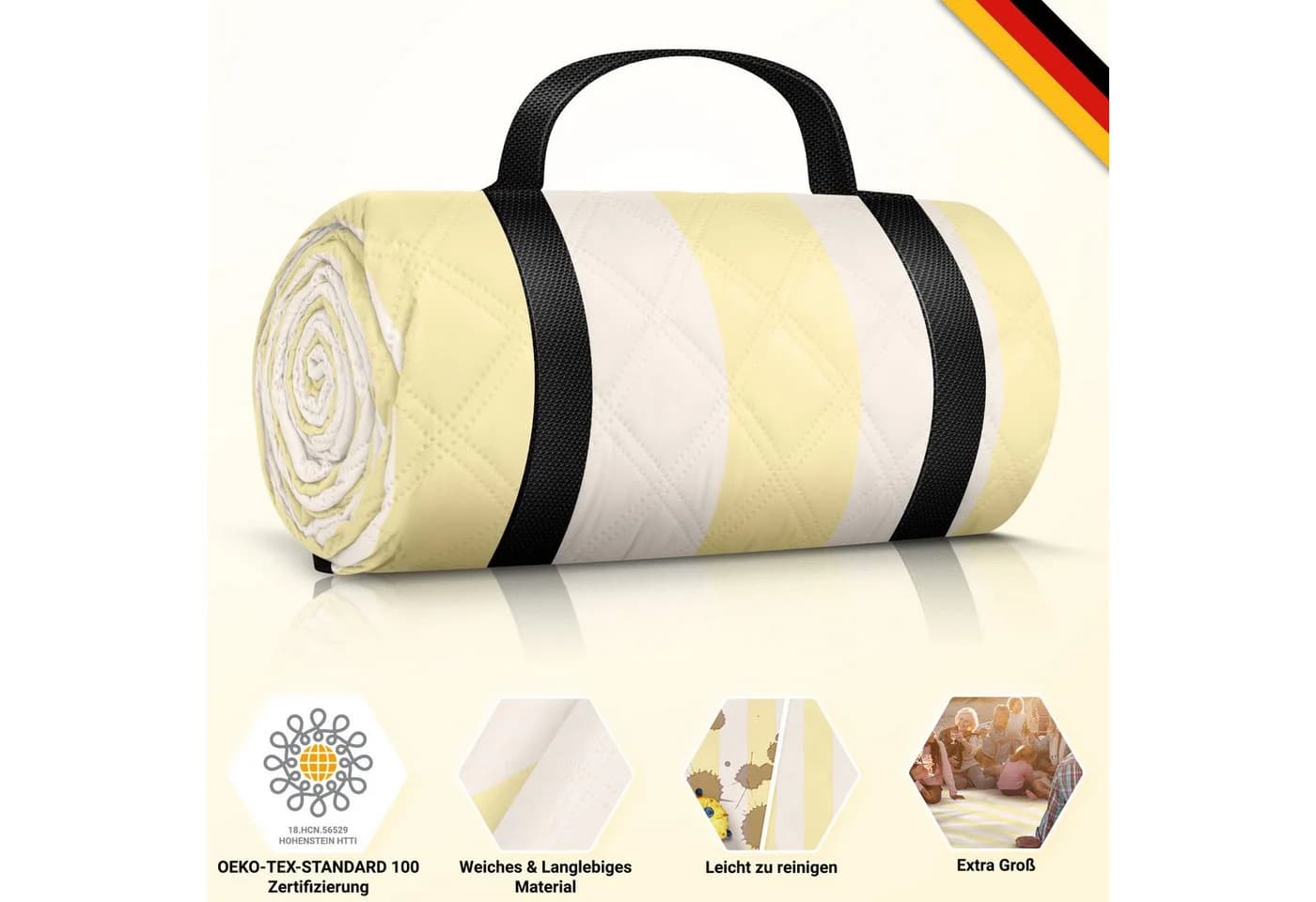 HOEL Picknickdecke 200x200 cm wasserabweisend isoliert XXL Gelb/Weiß