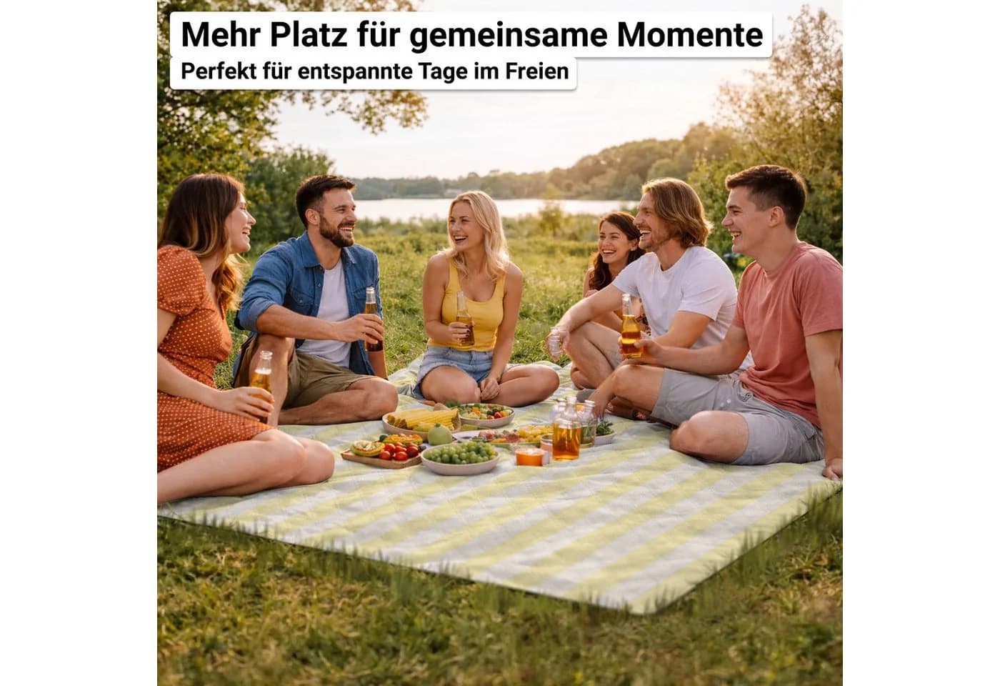 HOEL Picknickdecke 200x200 cm wasserabweisend isoliert XXL Gelb/Weiß - Bild 3
