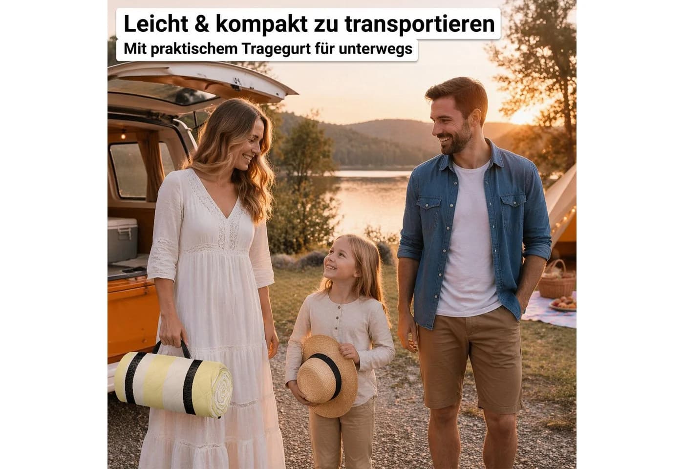 HOEL Picknickdecke 200x200 cm wasserabweisend isoliert XXL Gelb/Weiß - Bild 4