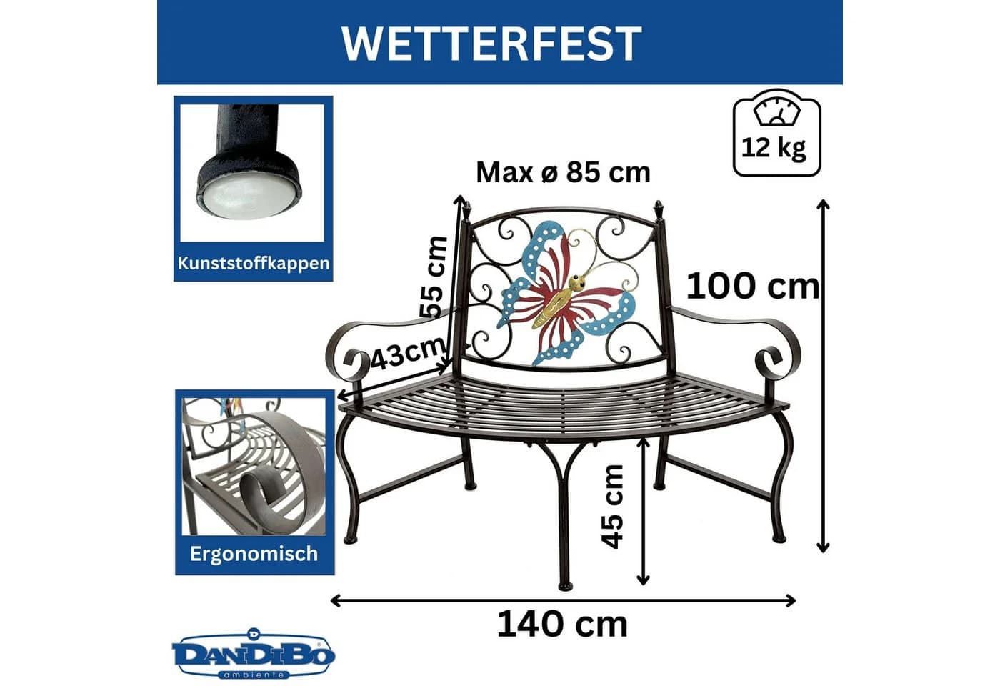 DanDiBo Gartenbank Halbrund Wetterfest Metall Braun