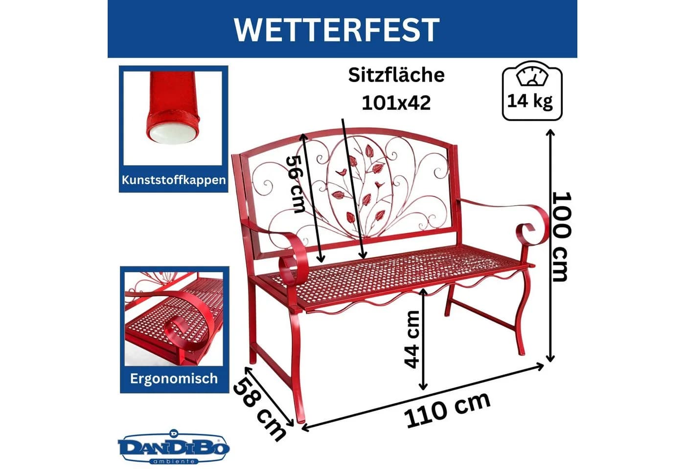 DanDiBo Gartenbank Wetterfest Metall Rot 2-Sitzer