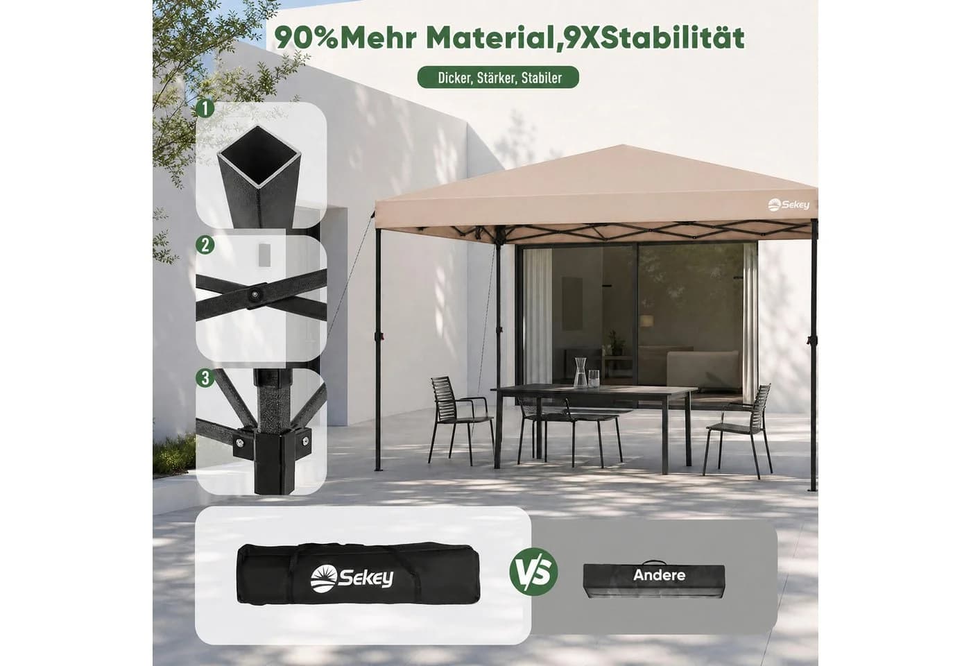 Sekey Faltpavillon 300x300 cm Beige Höhenverstellbar - Bild 4