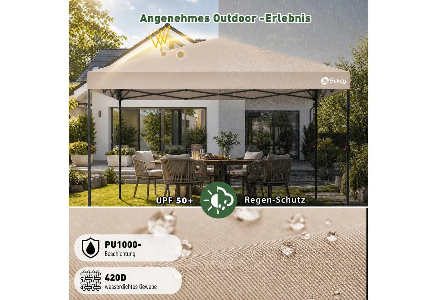 Sekey Faltpavillon 300x300 cm Beige Höhenverstellbar - Bild 5