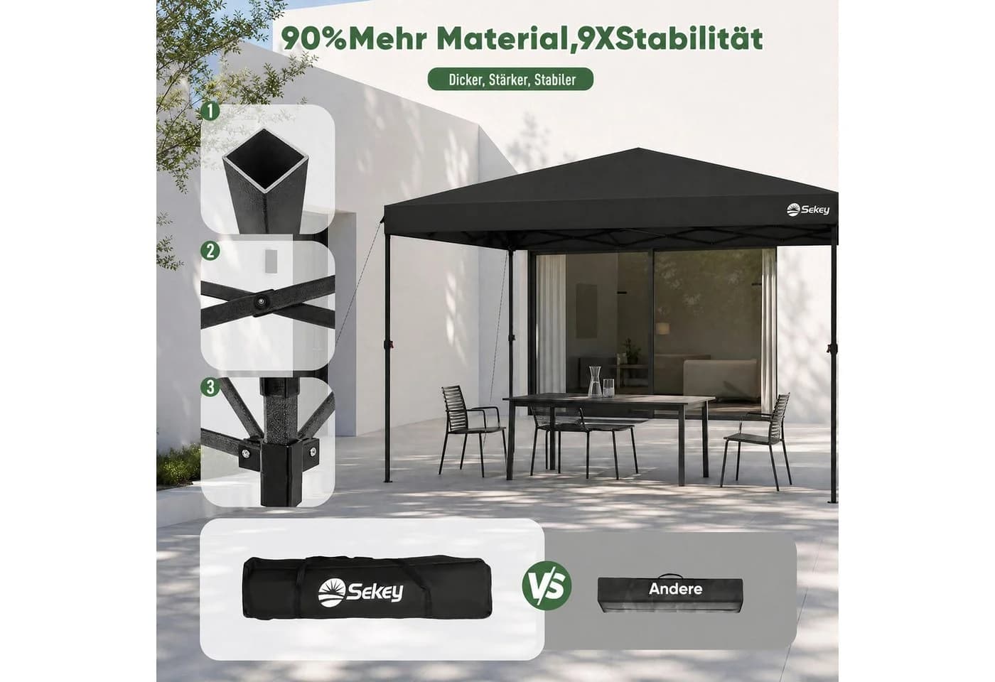 Sekey Faltpavillon 3x3m Schwarz Höhenverstellbar Wasserdicht - Bild 4