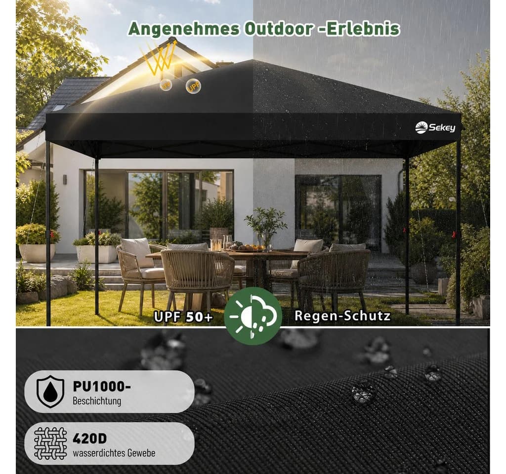 Sekey Faltpavillon 3x3m Schwarz Höhenverstellbar Wasserdicht - Bild 5