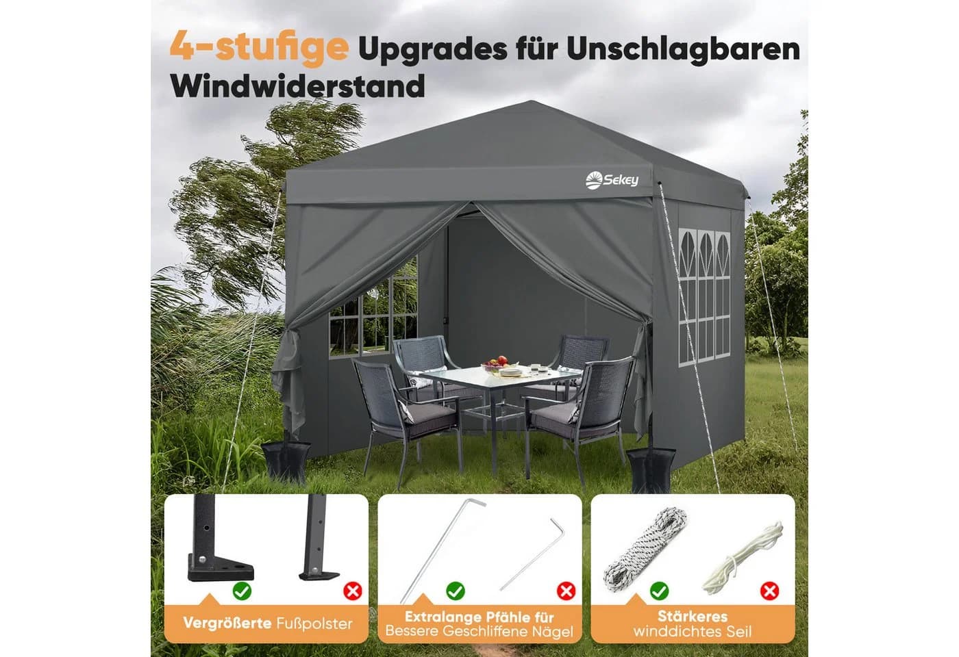 Sekey Faltpavillon 3x3 m Grau Wasserdicht Höhenverstellbar - Bild 4