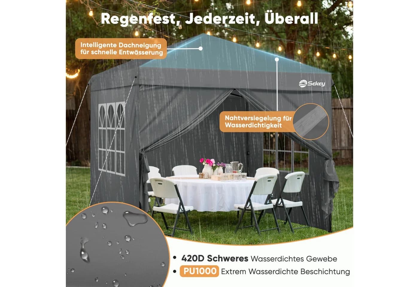 Sekey Faltpavillon 3x3 m Grau Wasserdicht Höhenverstellbar - Bild 5