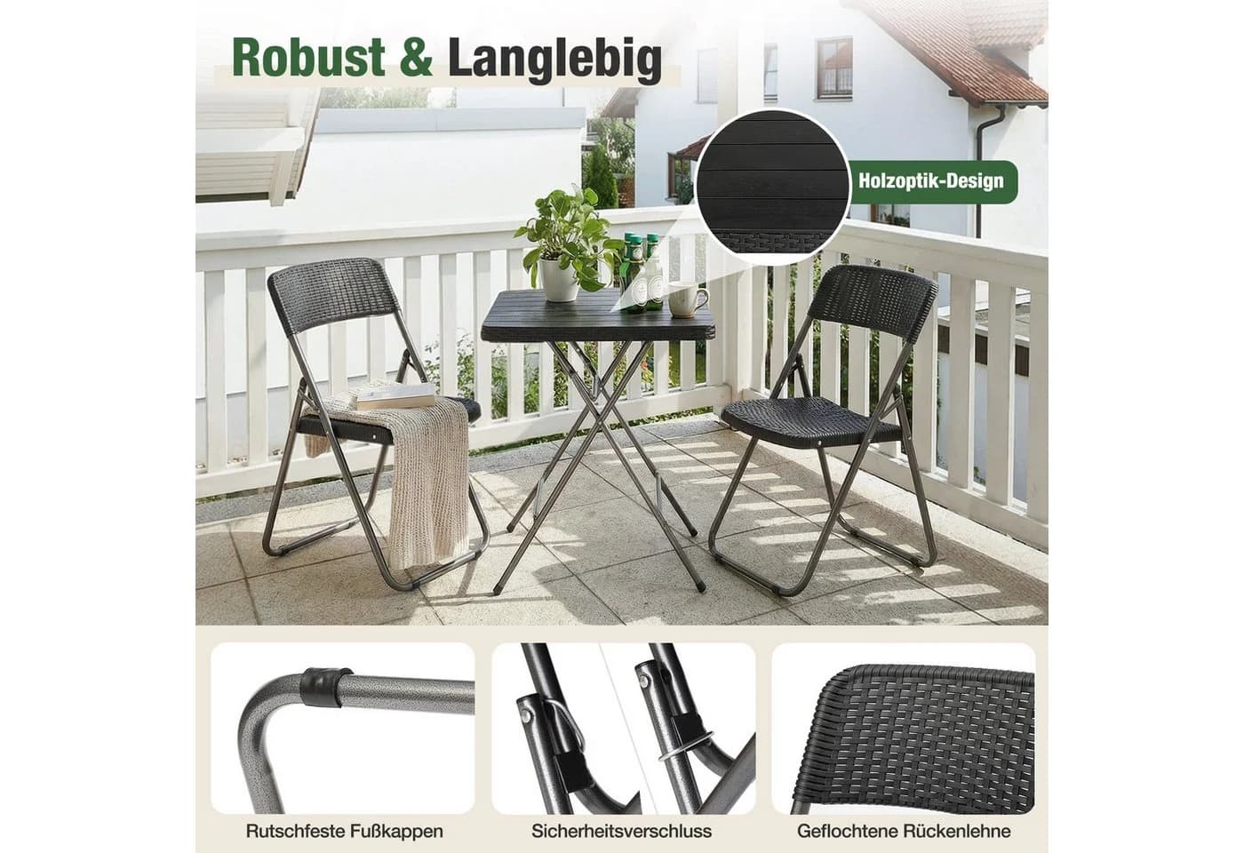 Sekey Balkonset 3-tlg. Schwarz Klappbar Rattanimitat - Bild 5