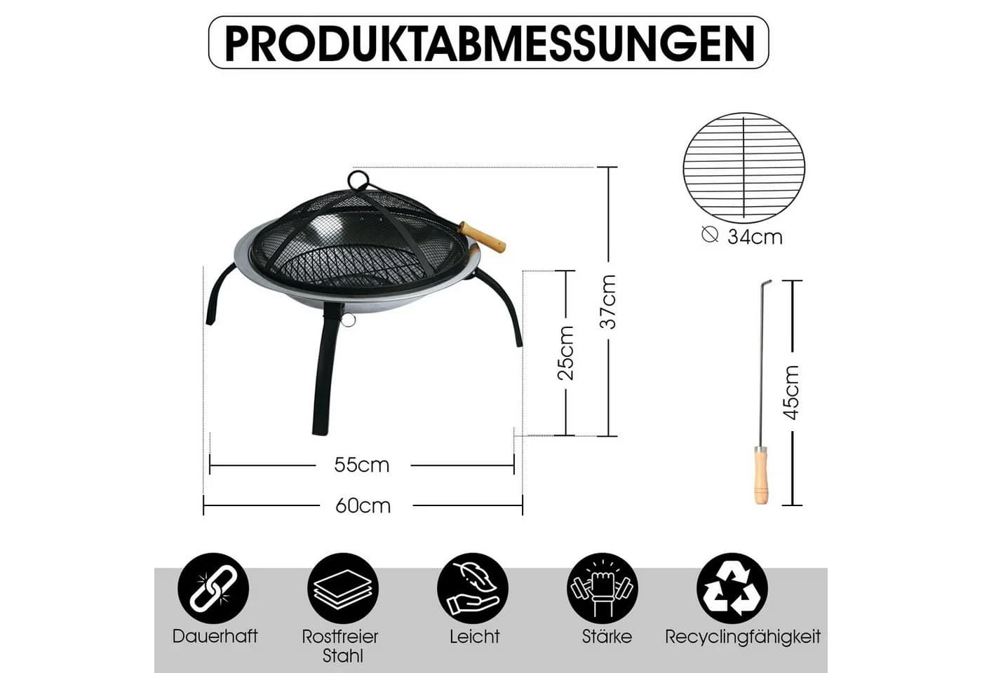 Defactoshop Feuerschale Edelstahl Grill Ø 58cm mit Zubehör - Bild 2