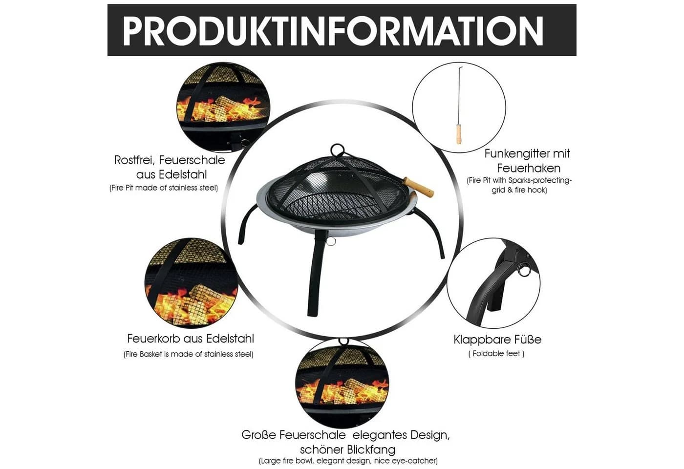 Defactoshop Feuerschale Edelstahl Grill Ø 58cm mit Zubehör - Bild 4