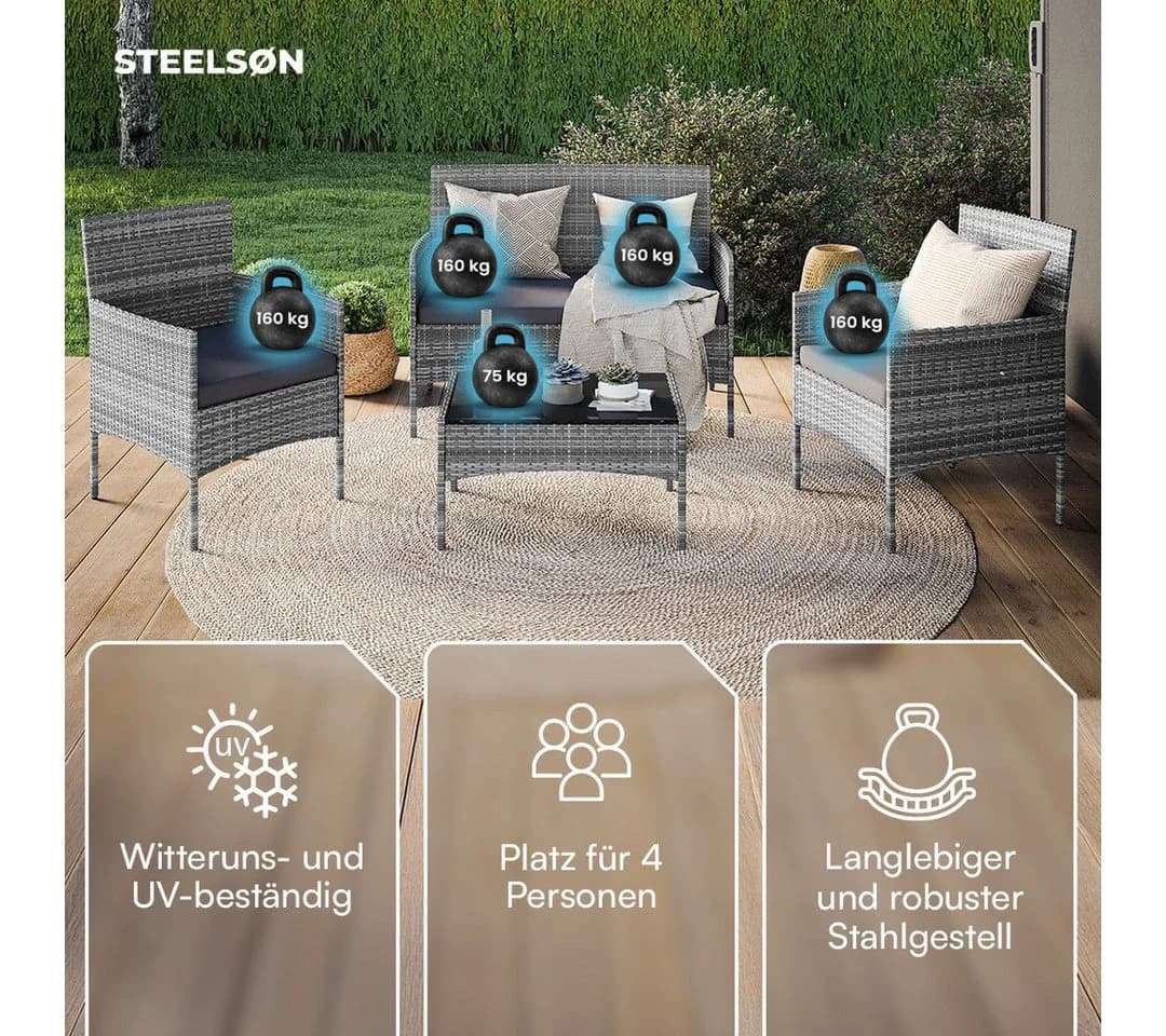 STEELSØN Gartenlounge-Set Thalora Polyrattan 4-er Set grau-meliert - Bild 3