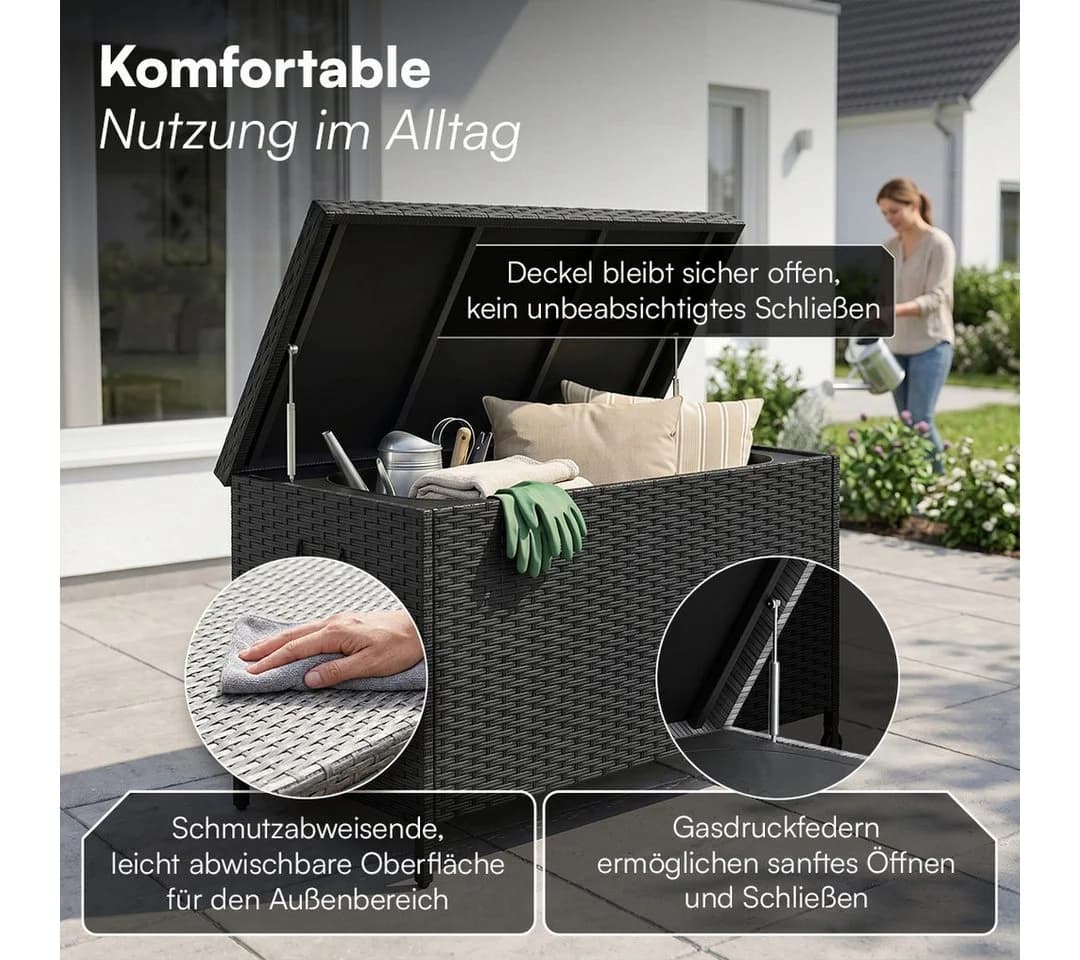 STEELSØN Aufbewahrungsbox Serion Gartenkiste Polyrattan Schwarz mit Rollen - Bild 5