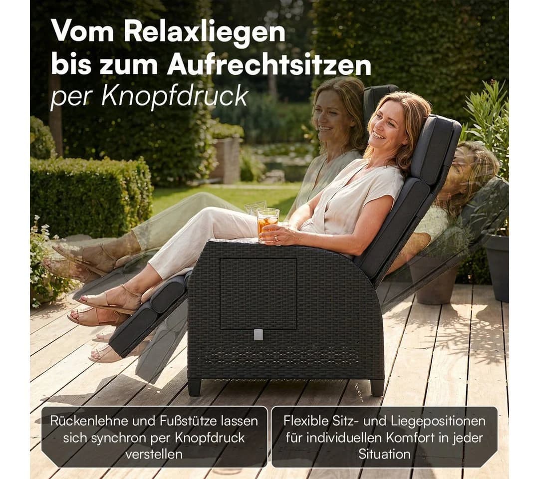 STEELSØN Gartensessel Caelum mit Liegefunktion & Ausklapptisch Schwarz
