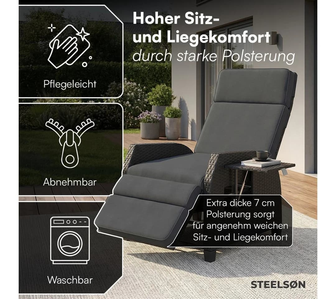 STEELSØN Gartensessel Caelum mit Liegefunktion & Ausklapptisch Schwarz - Bild 5