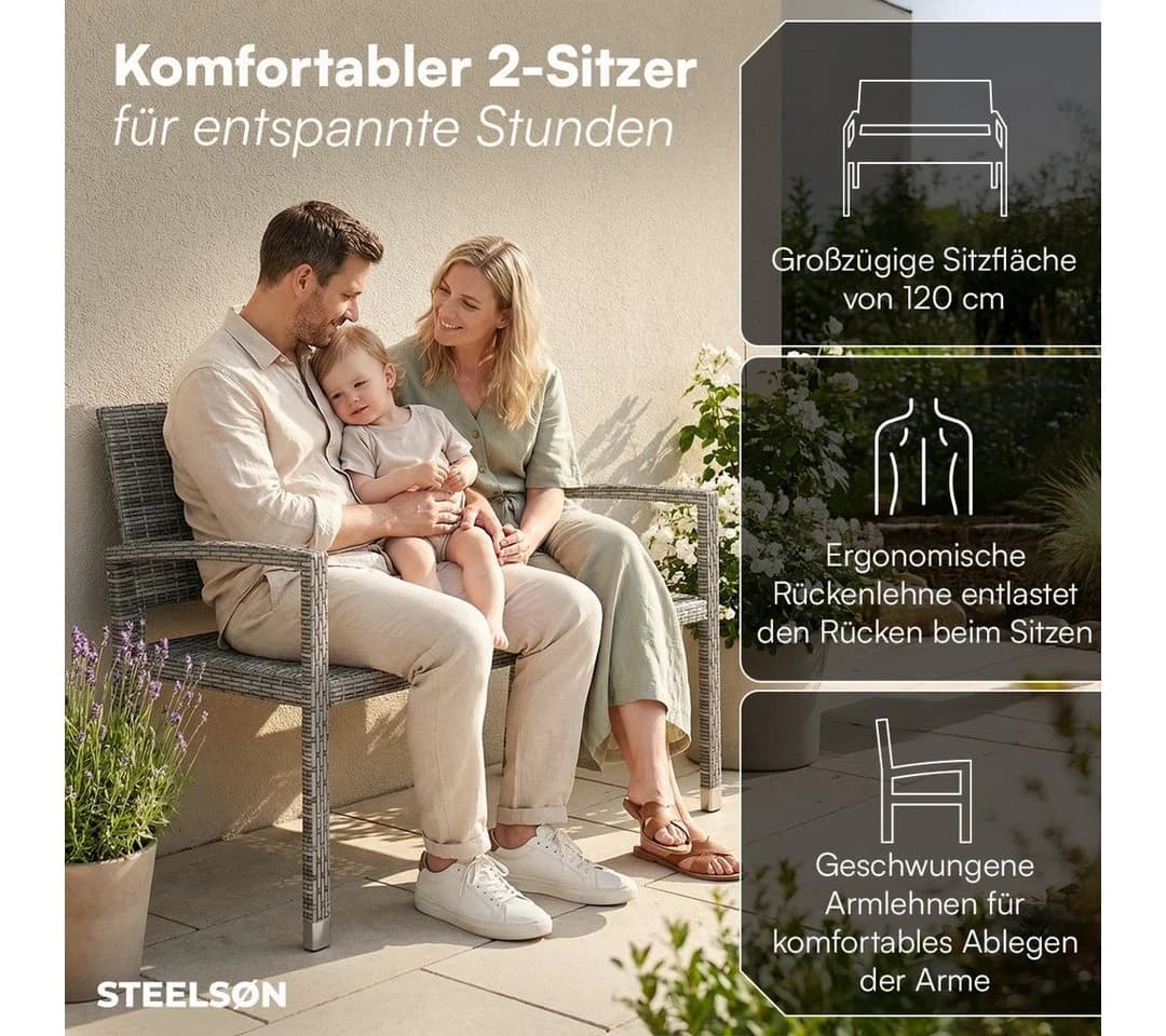 STEELSØN Gartenbank Mirador Polyrattan 2-Sitzer grau - Bild 4