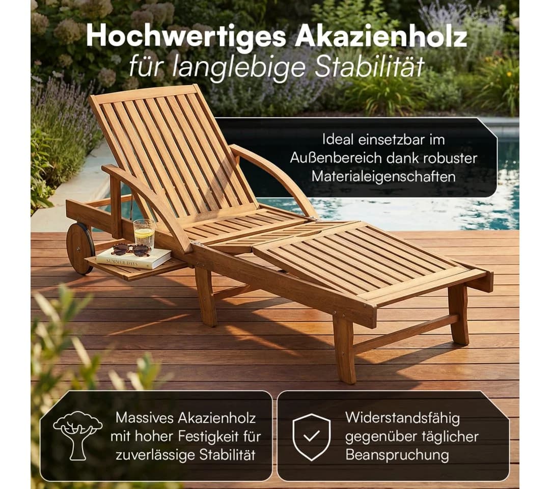 STEELSØN Mintaka Gartenliege Akazienholz mit Seitentisch & Rädern