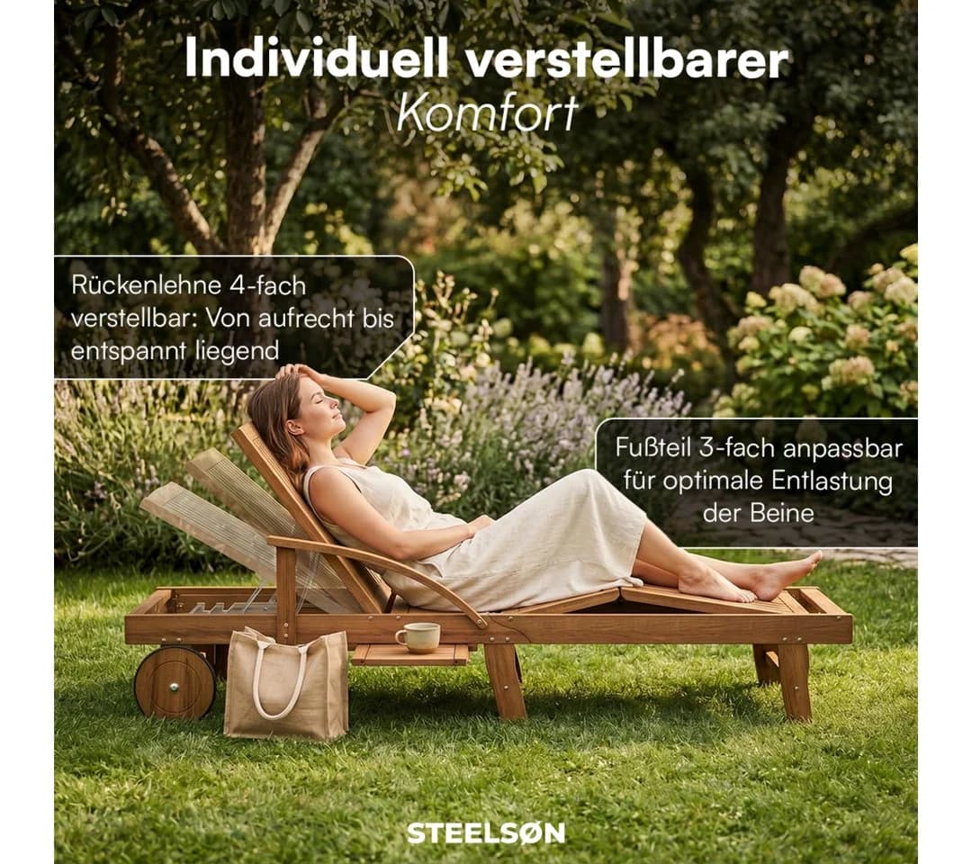 STEELSØN Mintaka Gartenliege Akazienholz mit Seitentisch & Rädern - Bild 3