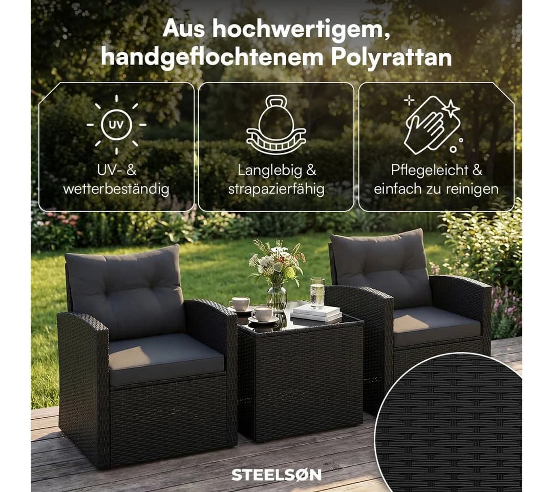 STEELSØN Sitzgruppe Selaria Schwarz mit Kissen & Glasplatte - Bild 3