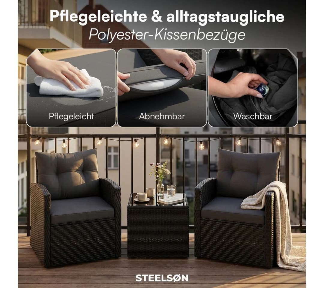 STEELSØN Sitzgruppe Selaria Schwarz mit Kissen & Glasplatte - Bild 5