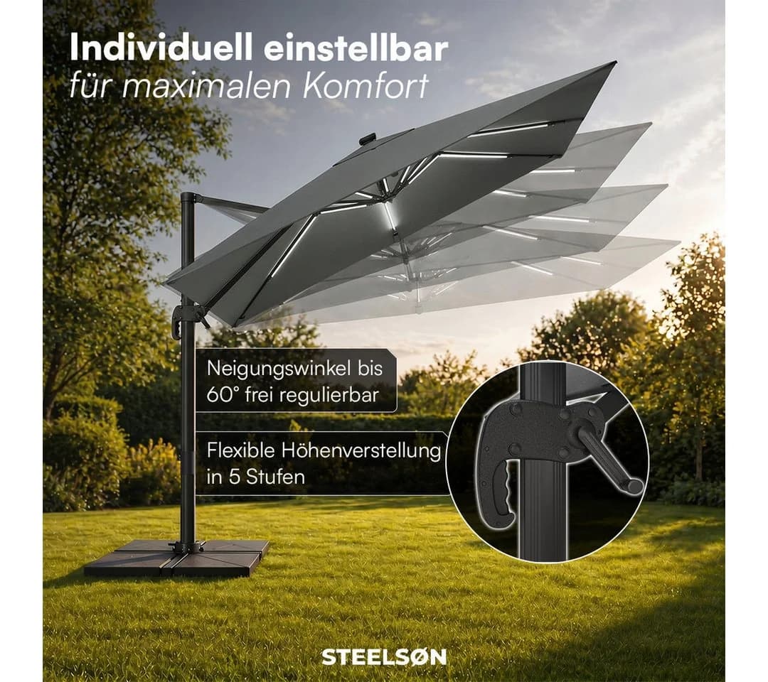 STEELSØN Sonnenschirm Lyrion 300x300 cm Anthrazit mit LED-Solar - Bild 3