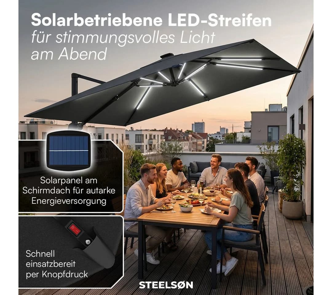 STEELSØN Sonnenschirm Lyrion 300x300 cm Anthrazit mit LED-Solar - Bild 4