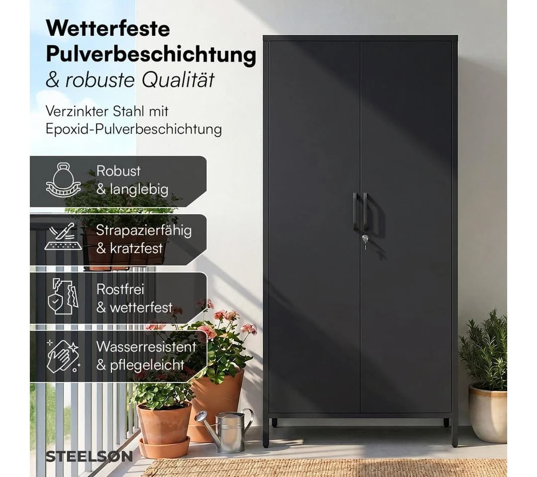 STEELSØN Geräteschrank Menkent Schwarz Metall mit Schloss