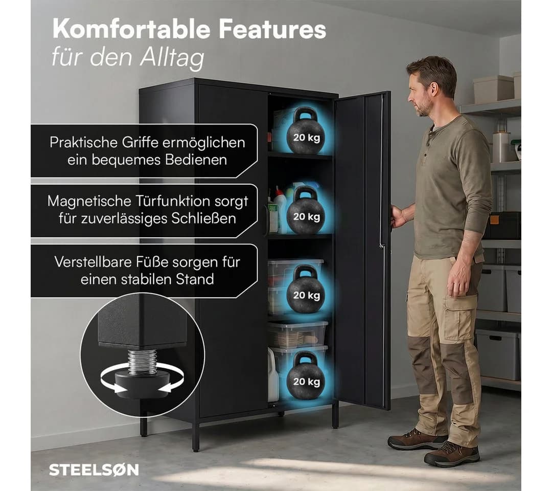STEELSØN Geräteschrank Menkent Schwarz Metall mit Schloss - Bild 4