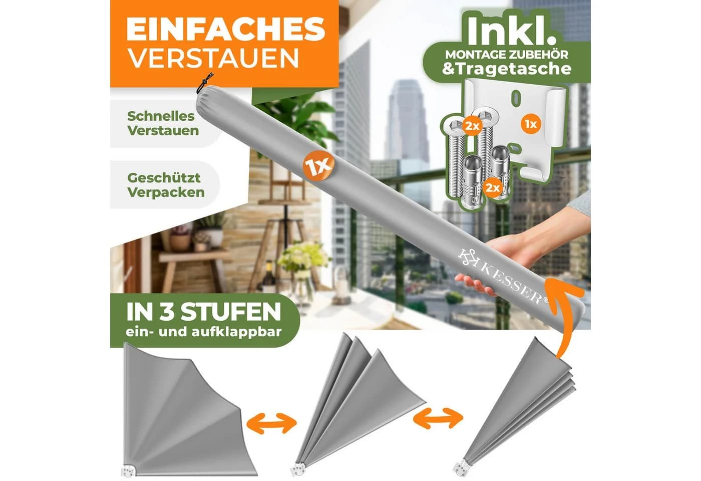 KESSER Balkonfächer klappbar mit Wandhalterung hellgrau - Bild 5