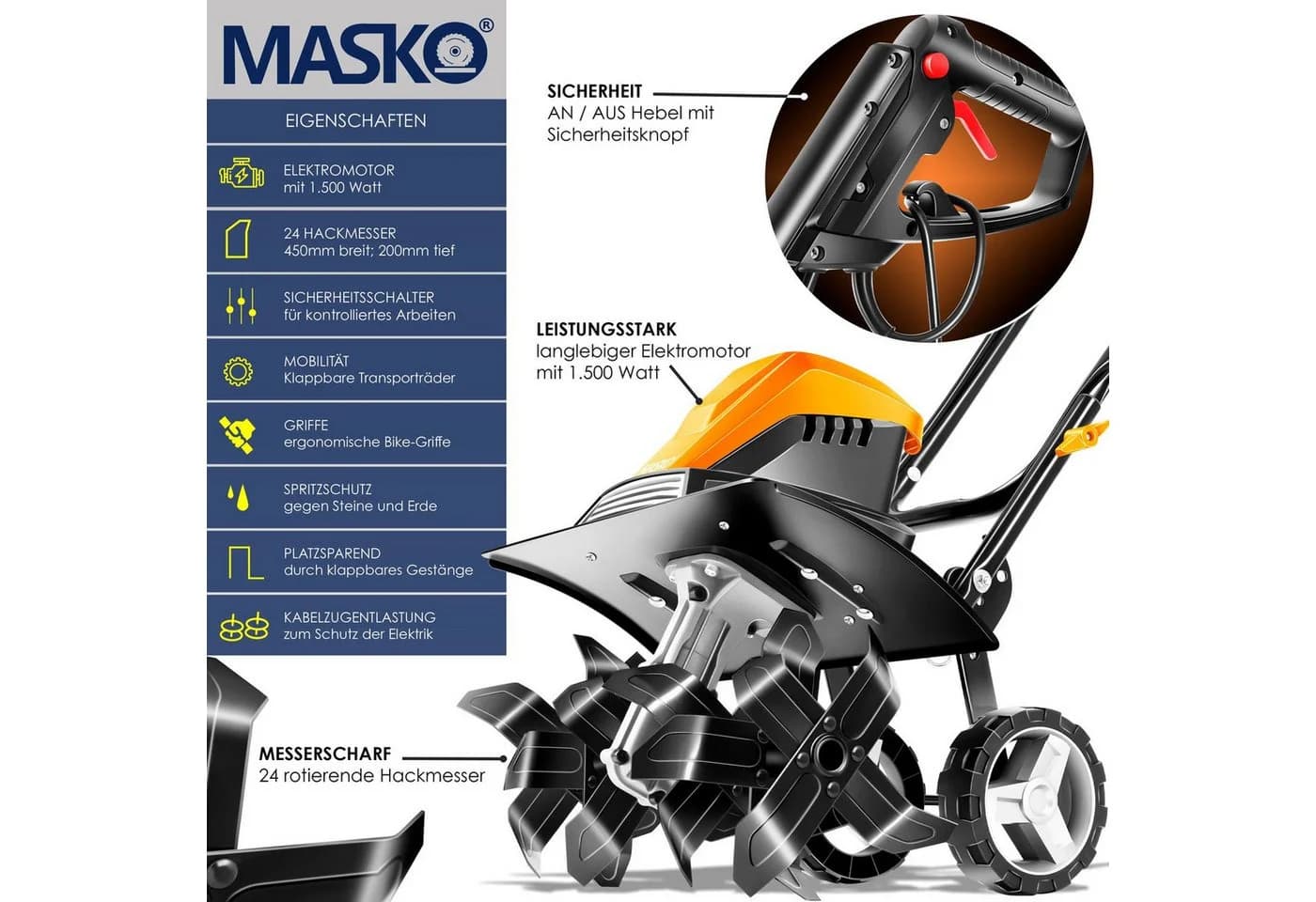 MASKO Elektromotorhacke 1500W 40cm Arbeitsbreite Orange