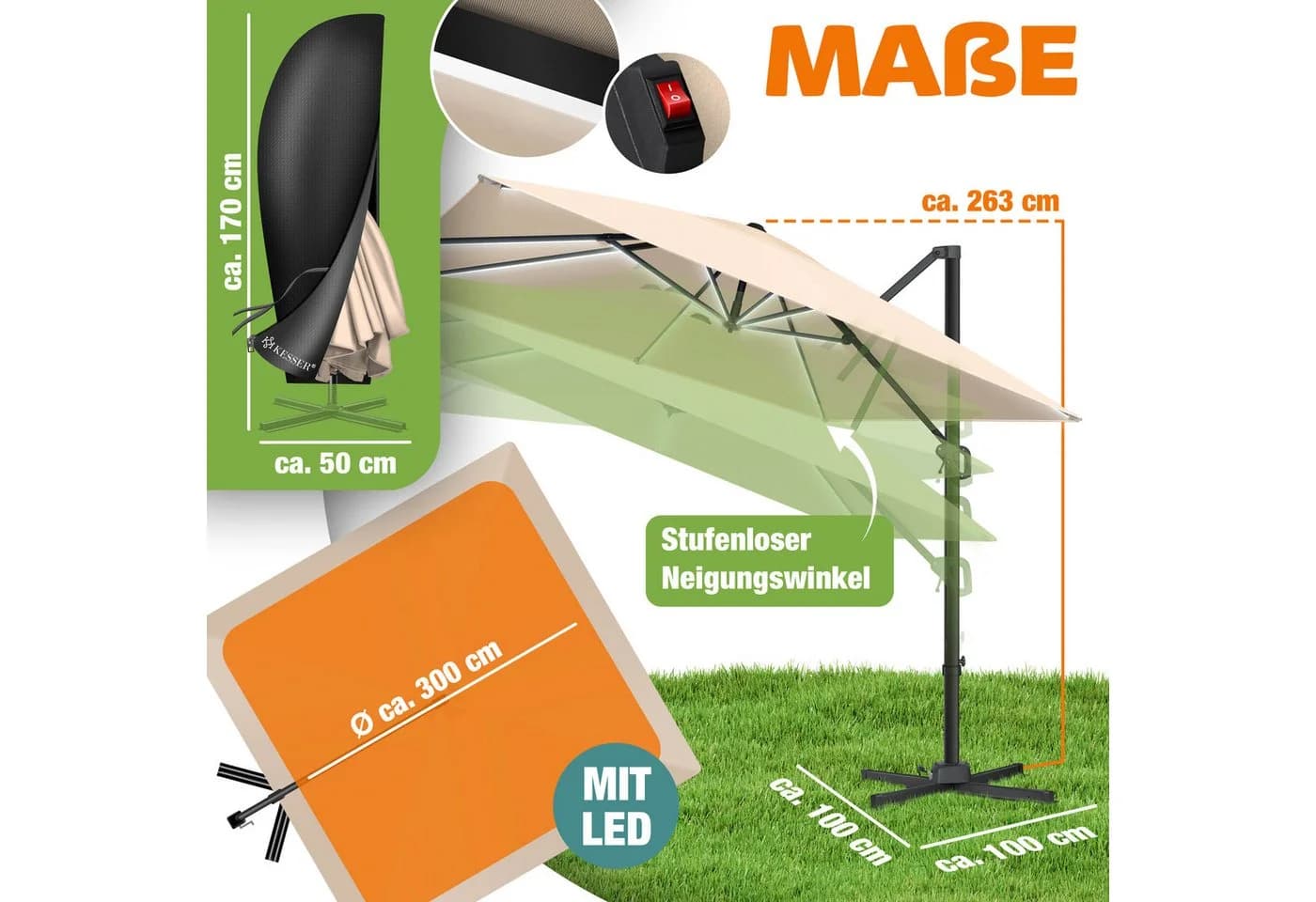 KESSER Sonnenschirm Ampelschirm SUN XL Beige mit LED - Bild 2