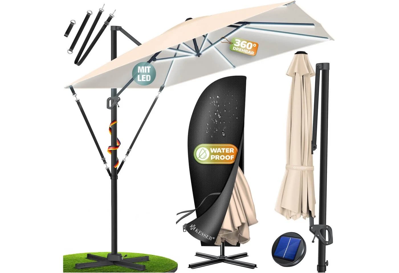 KESSER Sonnenschirm Ampelschirm SUN XL Beige mit LED - Bild 3