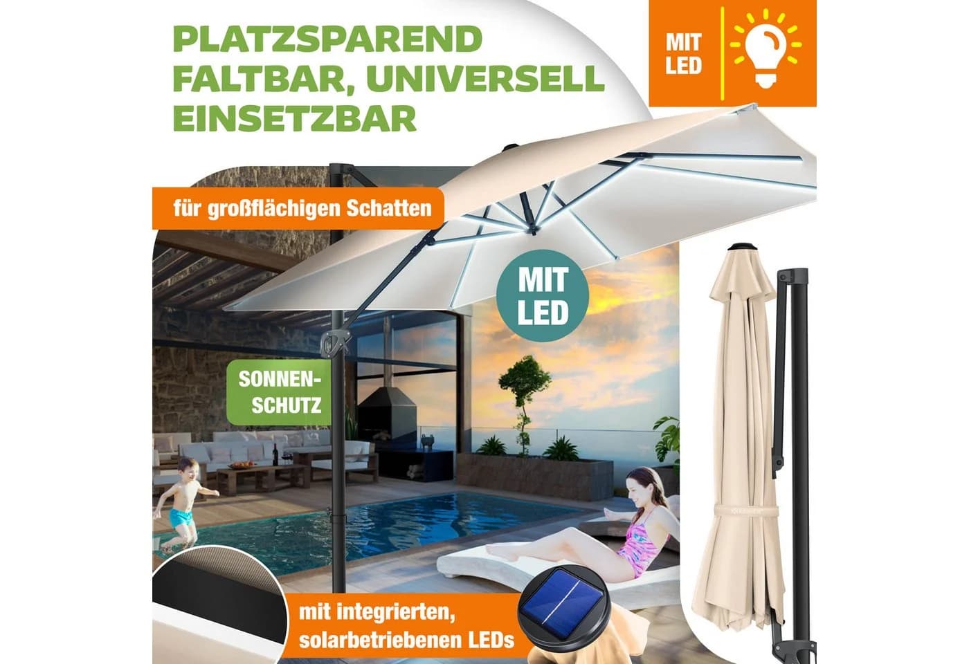 KESSER Sonnenschirm Ampelschirm SUN XL Beige mit LED - Bild 5
